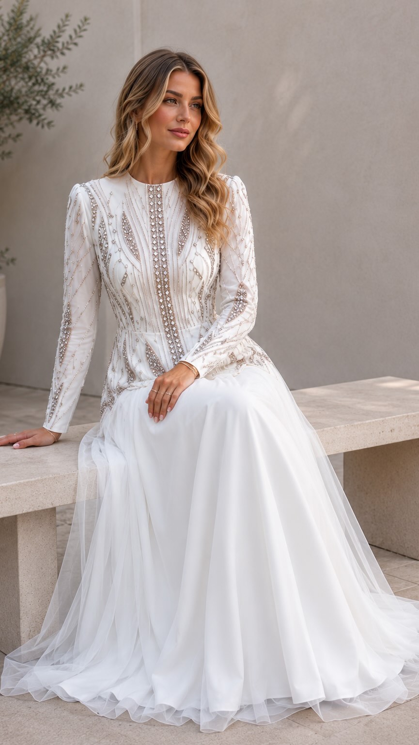 Ivory beaded modest gown