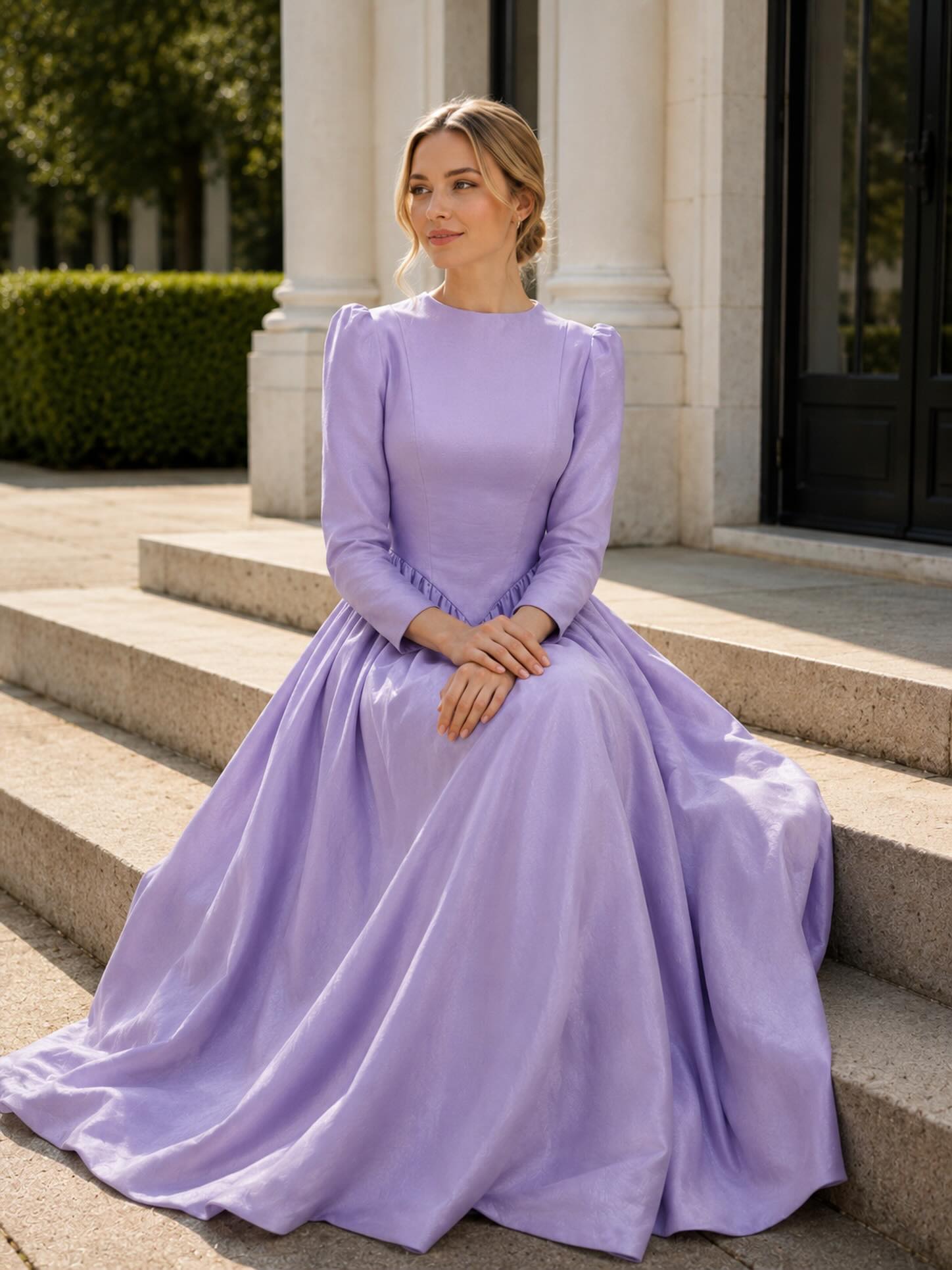 Lilac modest gown on stone steps